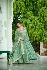 Thumbnail for Evanik Designer Vichitra Silk with Rich Embroidered Zari & Thread Work Gown Dupatta - Distacart