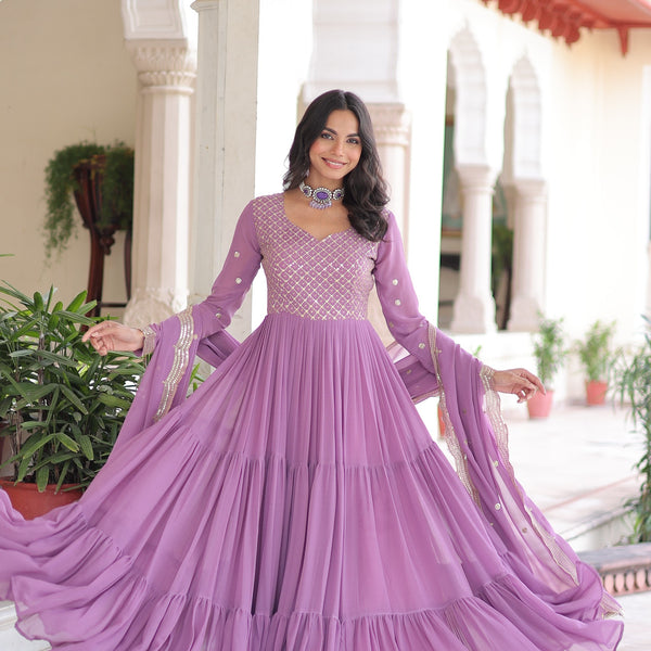 Evanik Onionpink Faux Georgette With Sequins & Zari Embroidered Work Gown Dupatta - Distacart