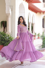 Thumbnail for Evanik Onionpink Faux Georgette With Sequins & Zari Embroidered Work Gown Dupatta - Distacart