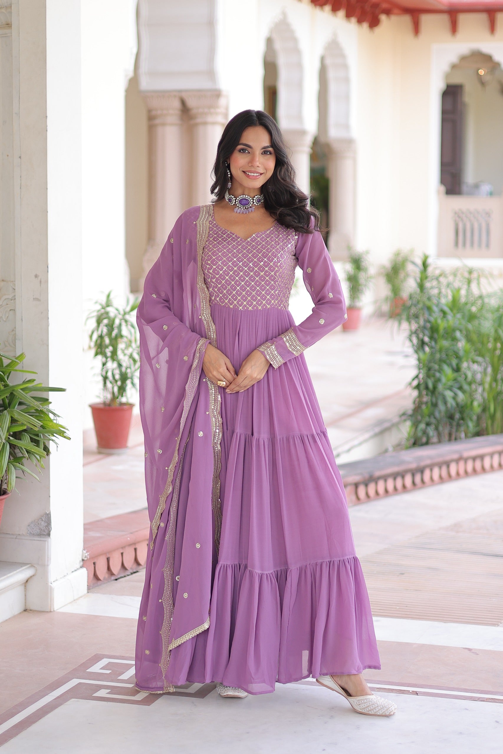 Evanik Onionpink Faux Georgette With Sequins & Zari Embroidered Work Gown Dupatta - Distacart