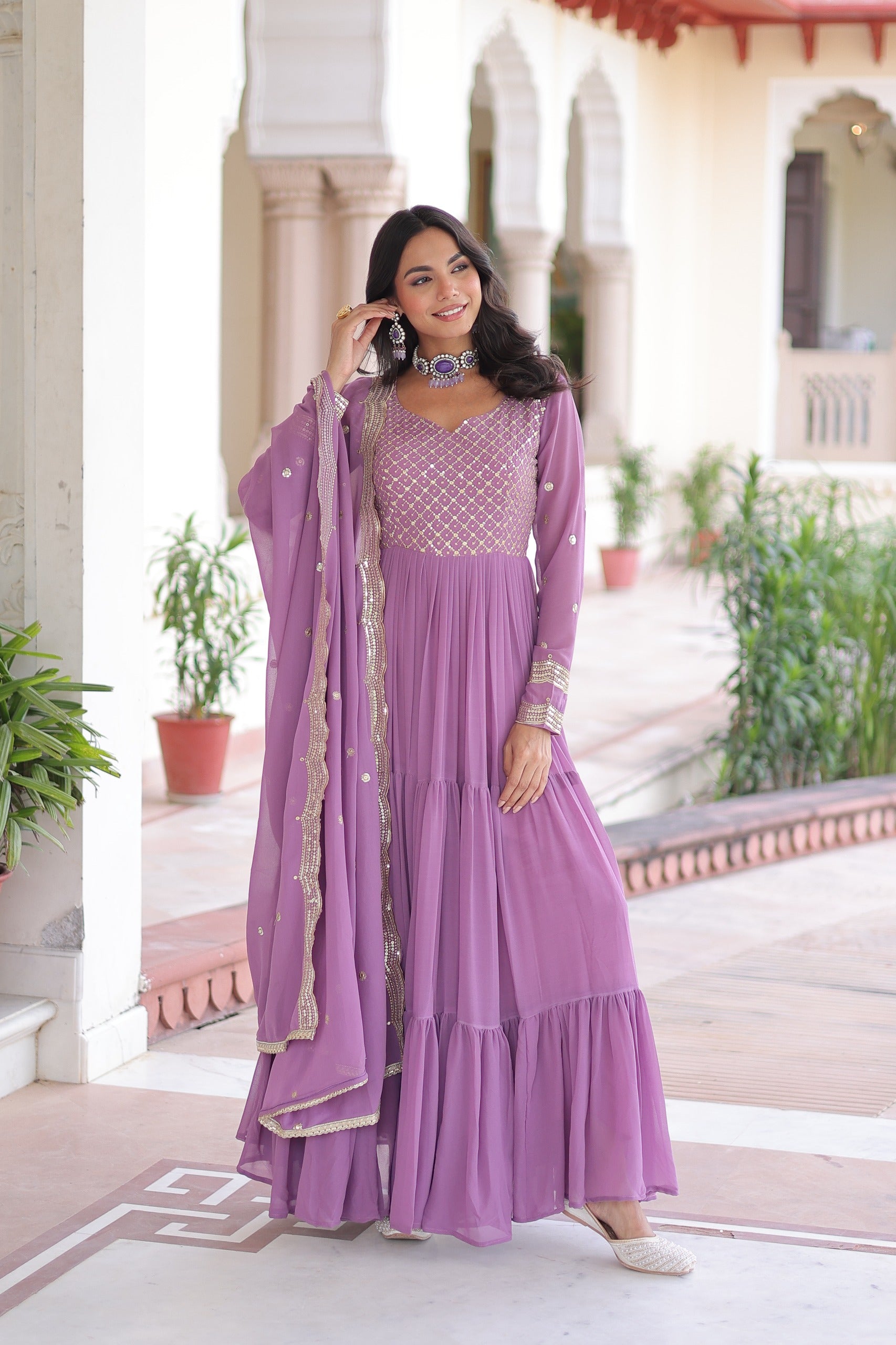 Evanik Onionpink Faux Georgette With Sequins & Zari Embroidered Work Gown Dupatta - Distacart