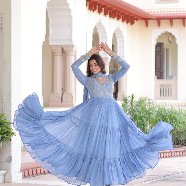 Evanik Skyblue Faux Georgette With Sequins & Zari Embroidered Work Gown Dupatta - Distacart