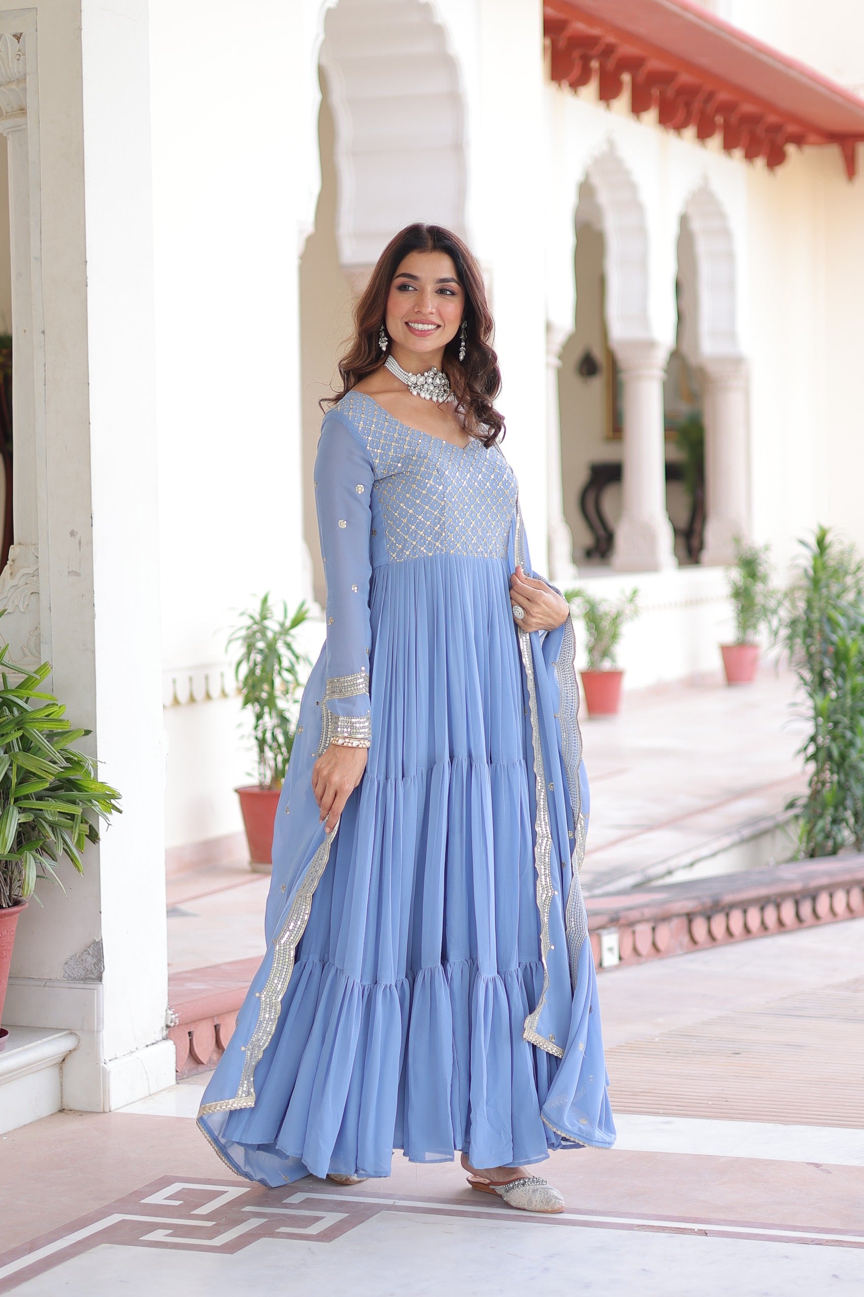 Evanik Skyblue Faux Georgette With Sequins & Zari Embroidered Work Gown Dupatta - Distacart
