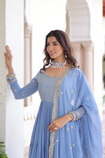 Thumbnail for Evanik Skyblue Faux Georgette With Sequins & Zari Embroidered Work Gown Dupatta - Distacart