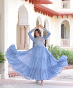 Thumbnail for Evanik Skyblue Faux Georgette With Sequins & Zari Embroidered Work Gown Dupatta - Distacart