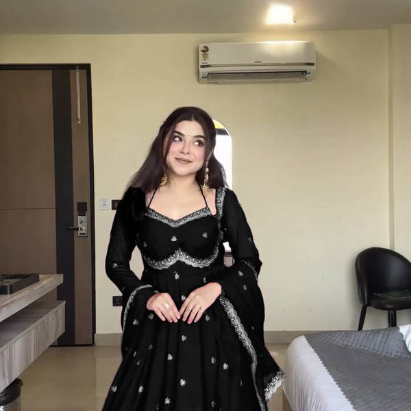 Evanik Black Faux Georgette With Embroidered Sequence Work Anarkali Suit