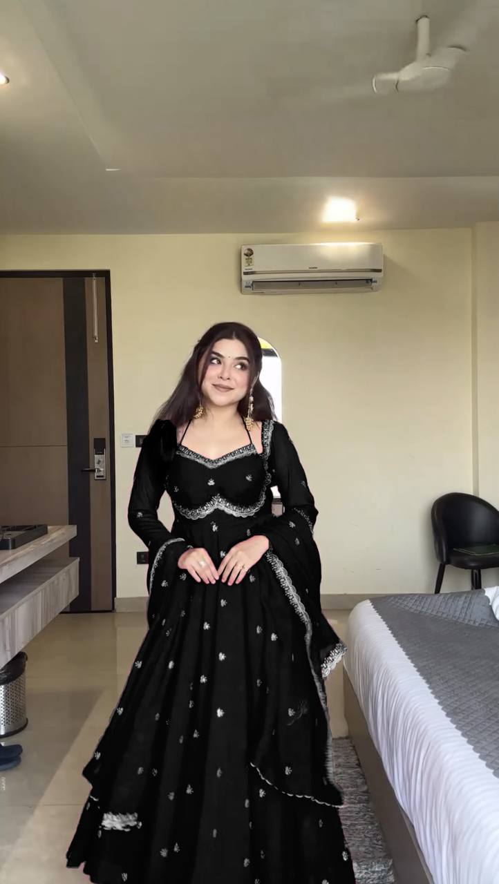 Evanik Black Faux Georgette With Embroidered Sequence Work Anarkali Suit - Distacart