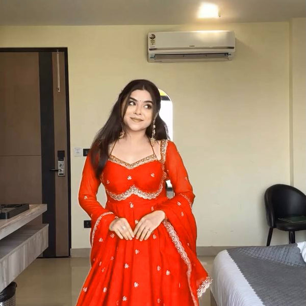 Evanik Orange Faux Georgette With Embroidered Sequence Work Anarkali Suit