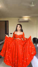 Thumbnail for Evanik Orange Faux Georgette With Embroidered Sequence Work Anarkali Suit