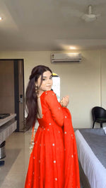 Thumbnail for Evanik Orange Faux Georgette With Embroidered Sequence Work Anarkali Suit