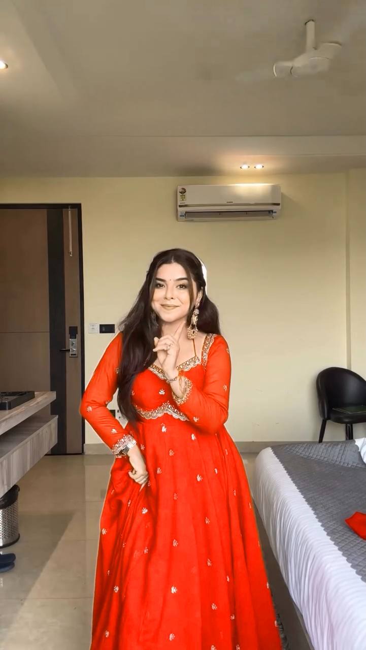 Evanik Orange Faux Georgette With Embroidered Sequence Work Anarkali Suit - Distacart