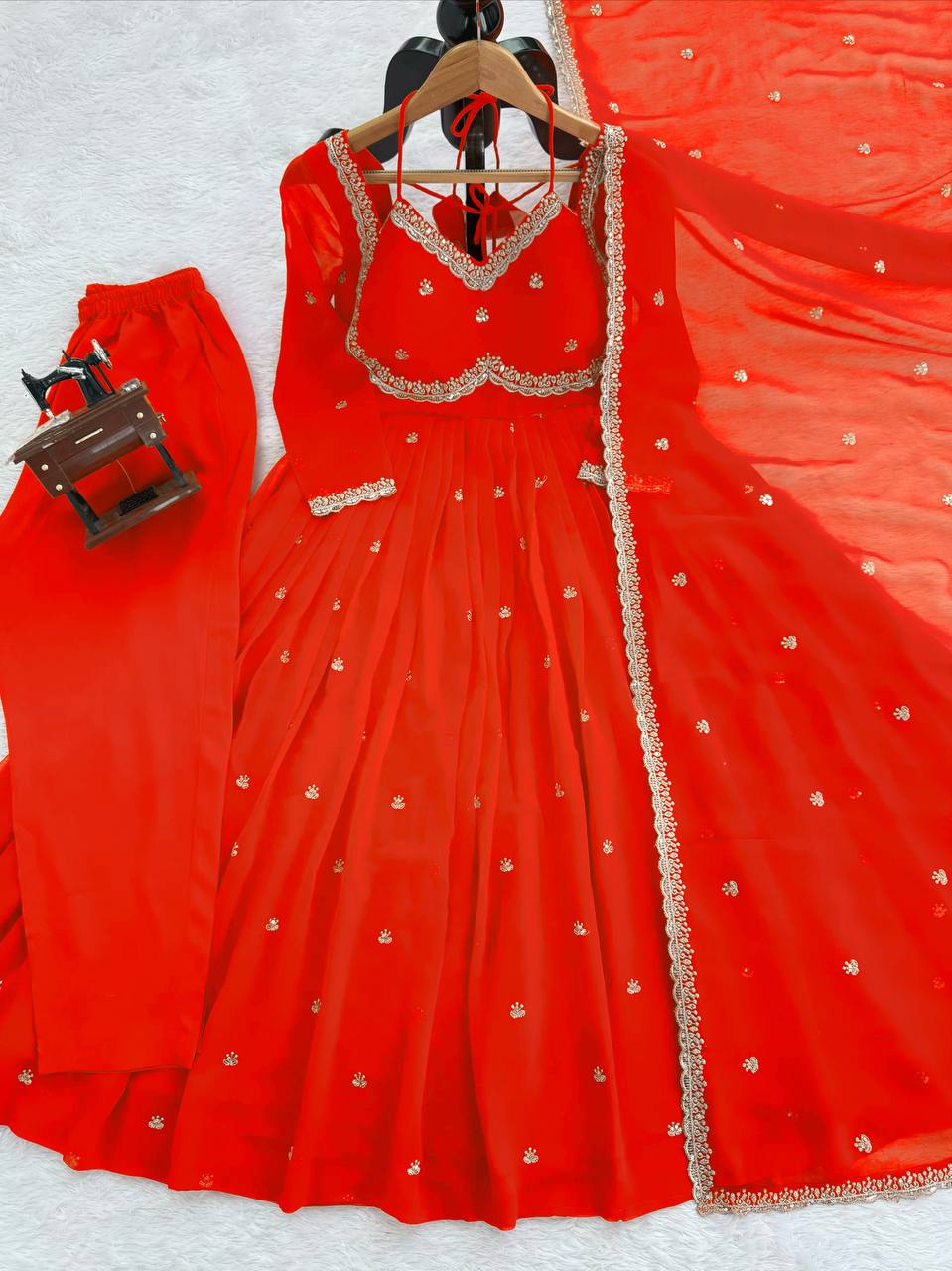 Evanik Orange Faux Georgette With Embroidered Sequence Work Anarkali Suit - Distacart