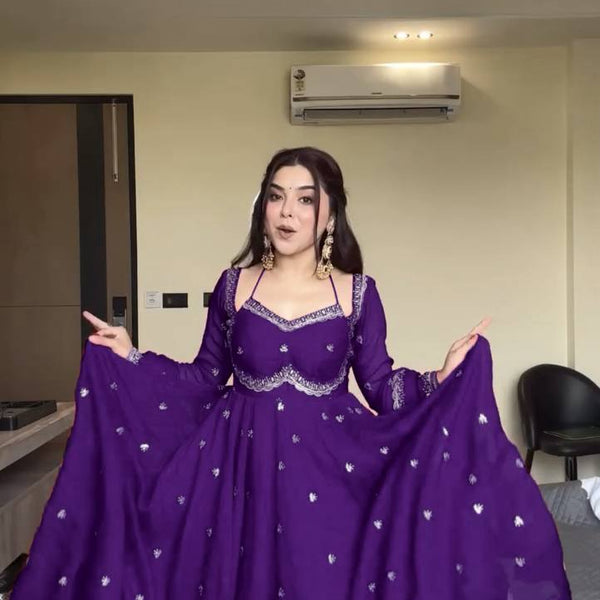 Evanik Purple Faux Georgette With Embroidered Sequence Work Anarkali Suit