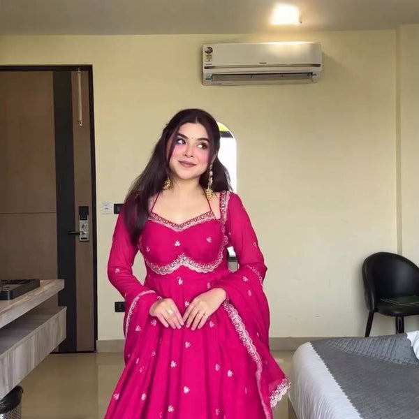 Evanik Ranipink Faux Georgette With Embroidered Sequence Work Anarkali Suit