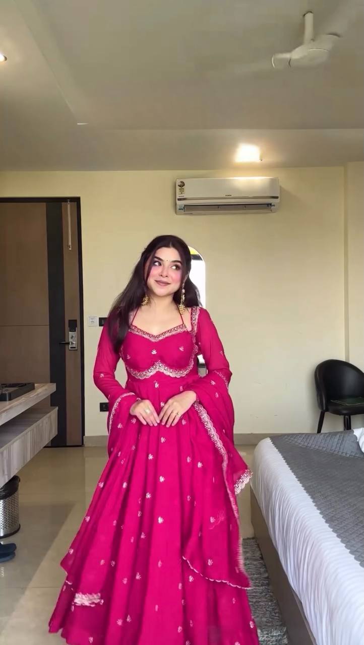 Evanik Ranipink Faux Georgette With Embroidered Sequence Work Anarkali Suit - Distacart