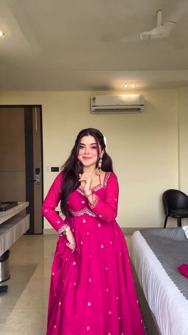 Evanik Ranipink Faux Georgette With Embroidered Sequence Work Anarkali Suit