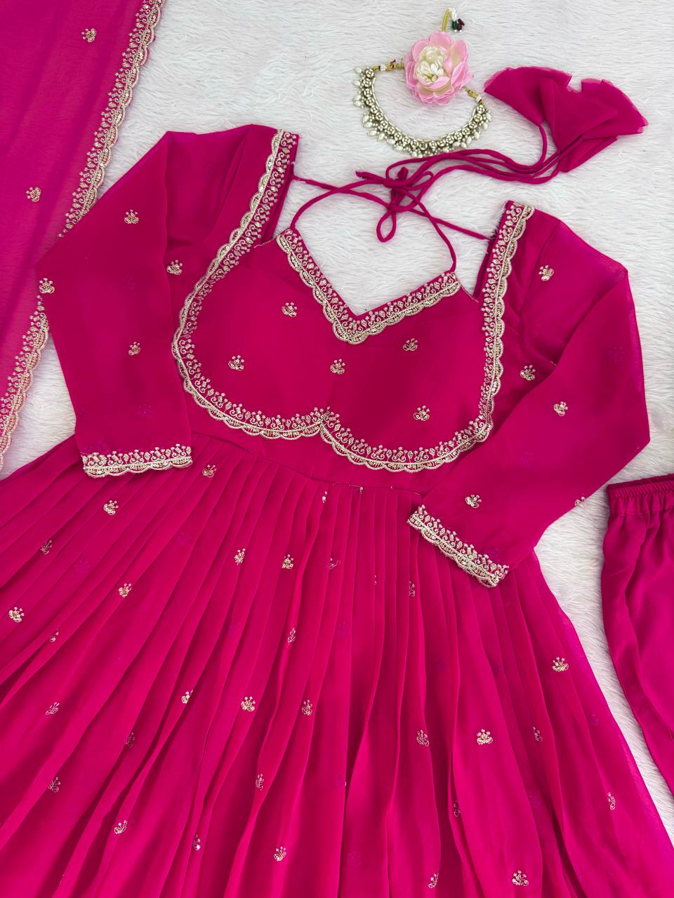 Evanik Ranipink Faux Georgette With Embroidered Sequence Work Anarkali Suit
