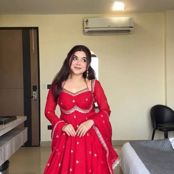 Evanik Red Faux Georgette With Embroidered Sequence Work Anarkali Suit