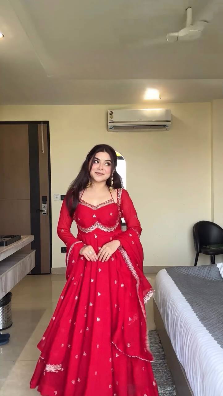 Evanik Red Faux Georgette With Embroidered Sequence Work Anarkali Suit - Distacart