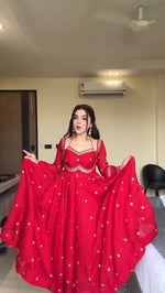 Thumbnail for Evanik Red Faux Georgette With Embroidered Sequence Work Anarkali Suit