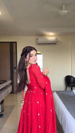 Thumbnail for Evanik Red Faux Georgette With Embroidered Sequence Work Anarkali Suit