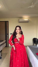 Thumbnail for Evanik Red Faux Georgette With Embroidered Sequence Work Anarkali Suit