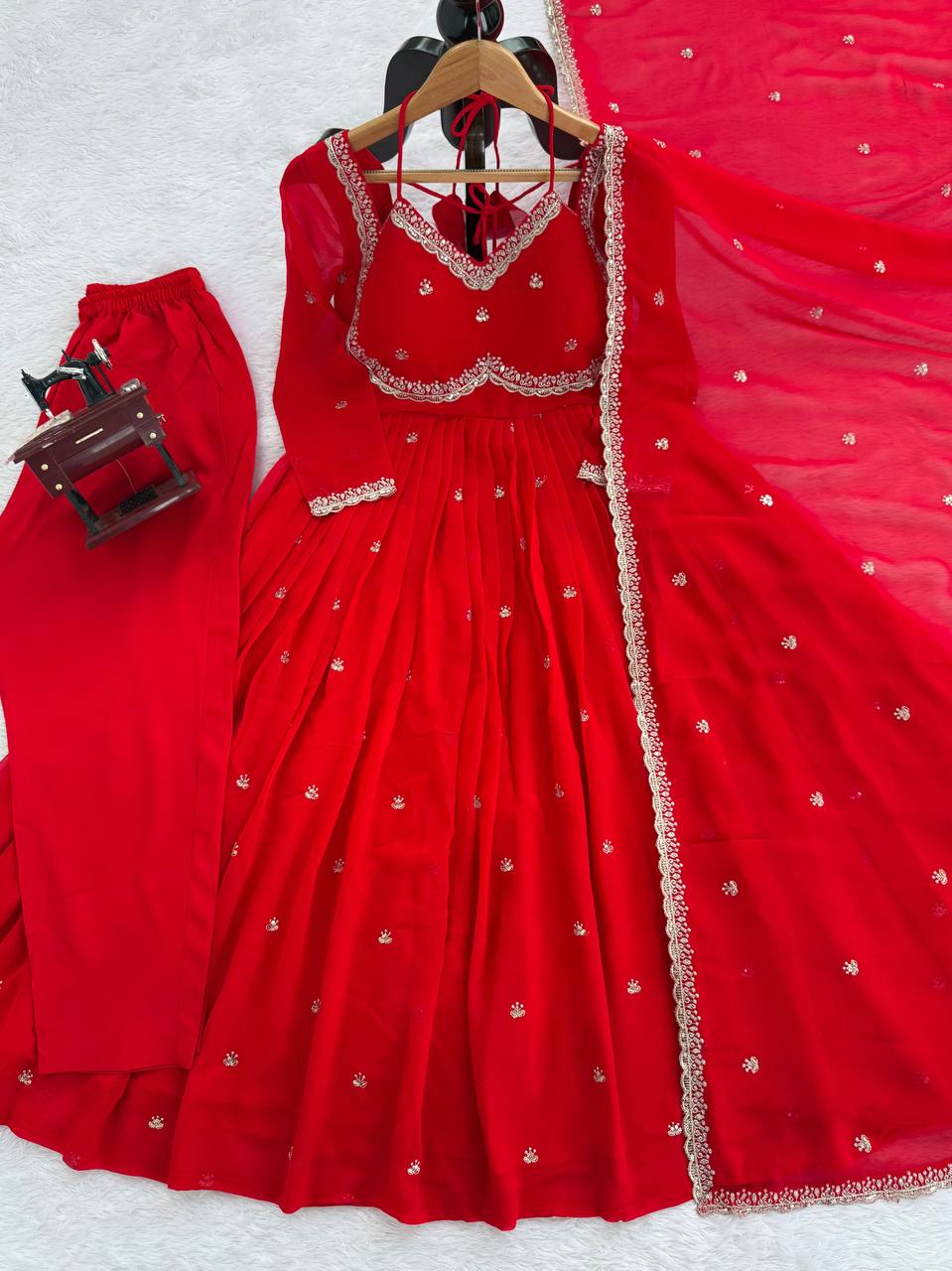 Evanik Red Faux Georgette With Embroidered Sequence Work Anarkali Suit