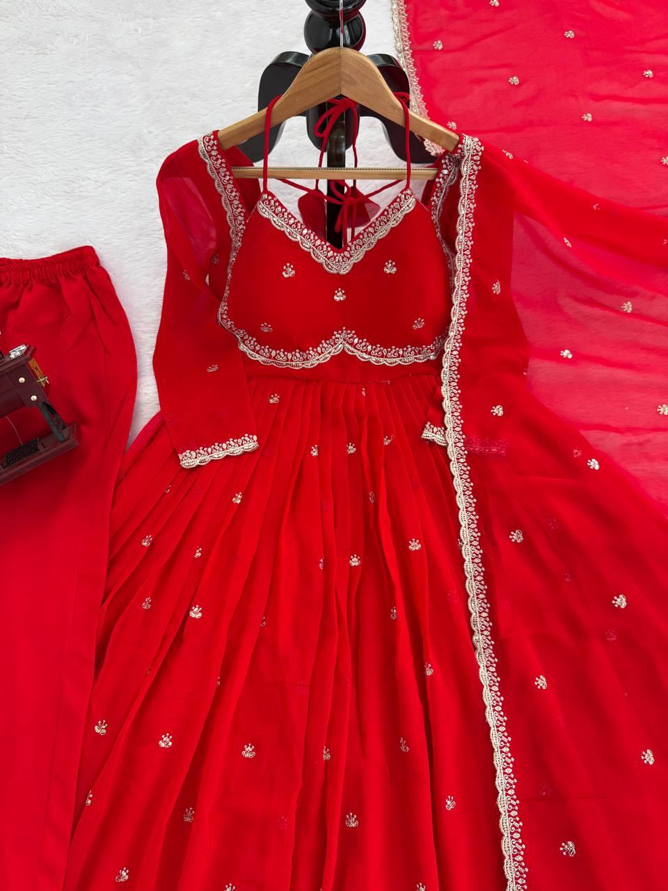 Evanik Red Faux Georgette With Embroidered Sequence Work Anarkali Suit