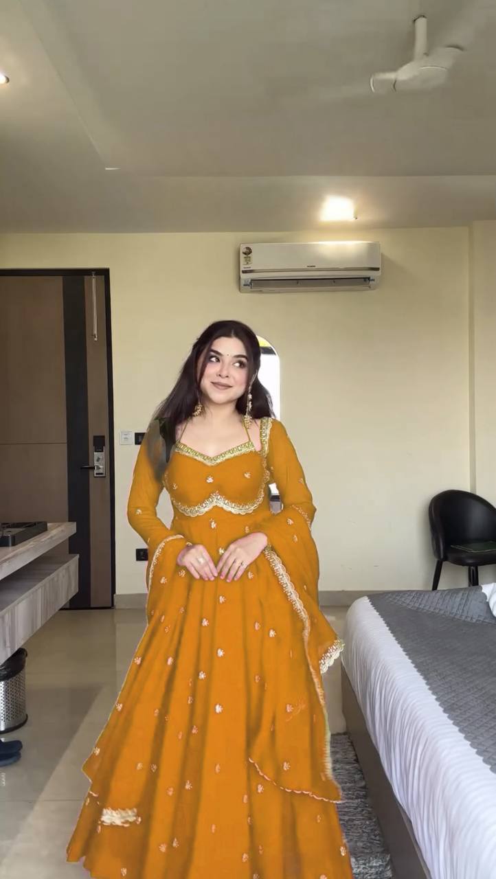 Evanik Yellow Faux Georgette With Embroidery Sequence Work Anarkali Suit - Distacart