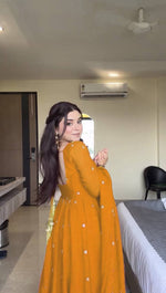 Thumbnail for Evanik Yellow Faux Georgette With Embroidery Sequence Work Anarkali Suit