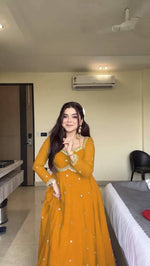 Thumbnail for Evanik Yellow Faux Georgette With Embroidery Sequence Work Anarkali Suit