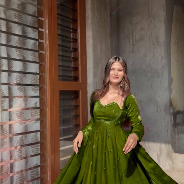 Evanik Green Fendi Silk With thread Sequence Work Anarkali Suit