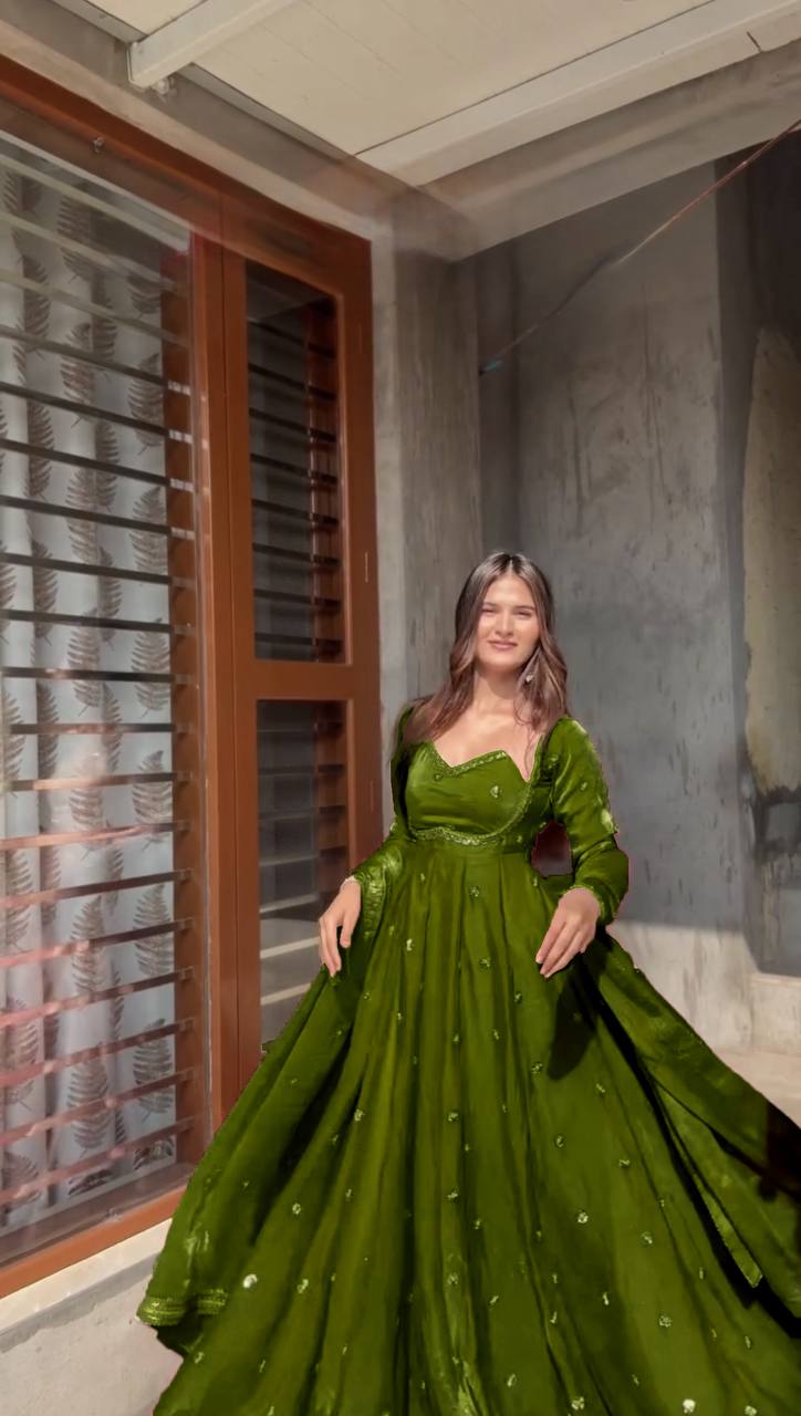Evanik Green Fendi Silk With thread Sequence Work Anarkali Suit - Distacart