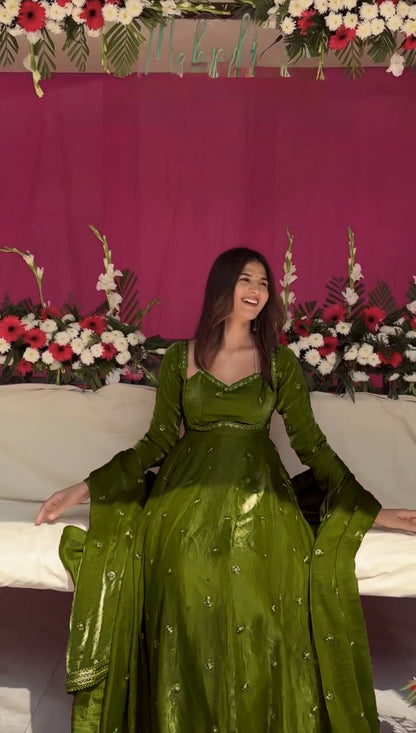 Evanik Green Fendi Silk With thread Sequence Work Anarkali Suit - Distacart