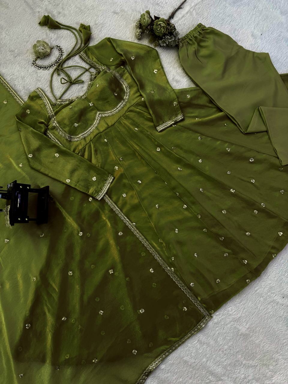 Evanik Green Fendi Silk With thread Sequence Work Anarkali Suit - Distacart