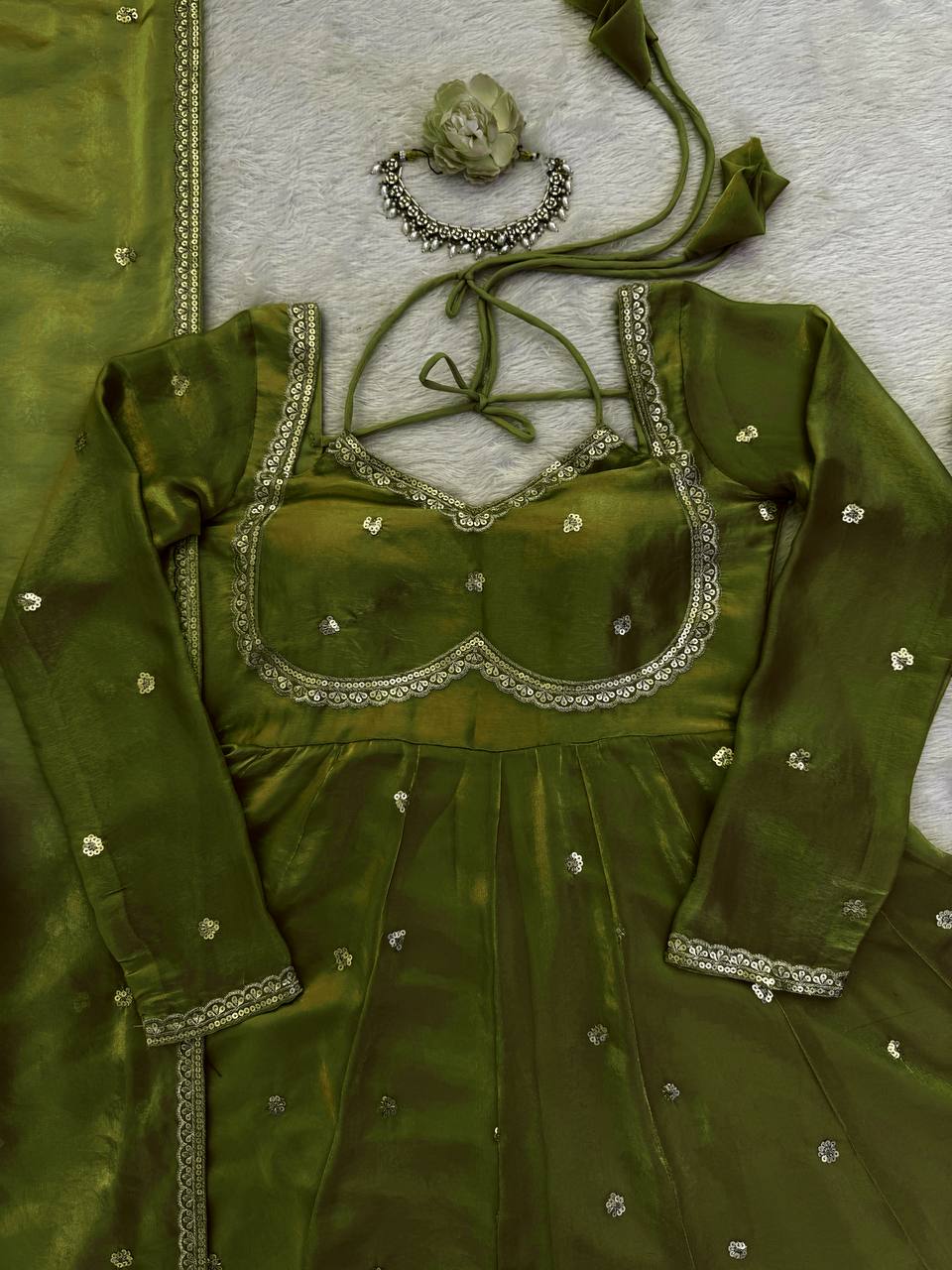 Evanik Green Fendi Silk With thread Sequence Work Anarkali Suit - Distacart
