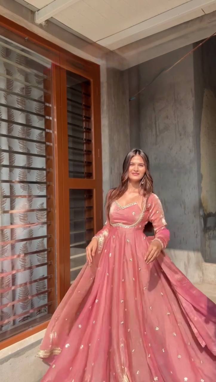 Evanik Pink Fendi Silk With thread Sequence Work Anarkali Suit - Distacart
