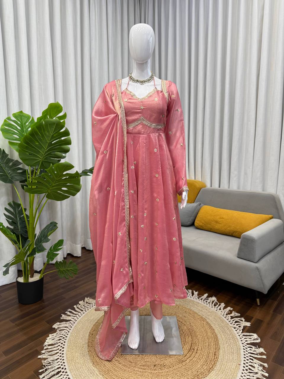 Evanik Pink Fendi Silk With thread Sequence Work Anarkali Suit