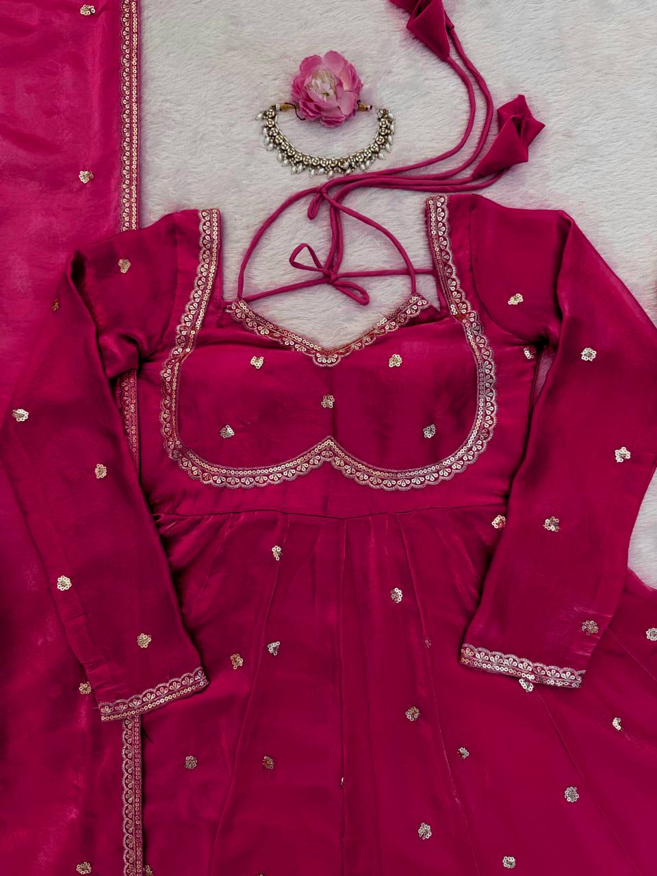 Evanik Ranipink Fendy Silk With thread Sequence Work Anarkali Suit