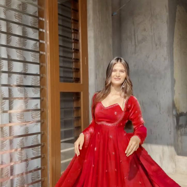 Evanik Red Fendi Silk With thread Sequence Work Anarkali Suit