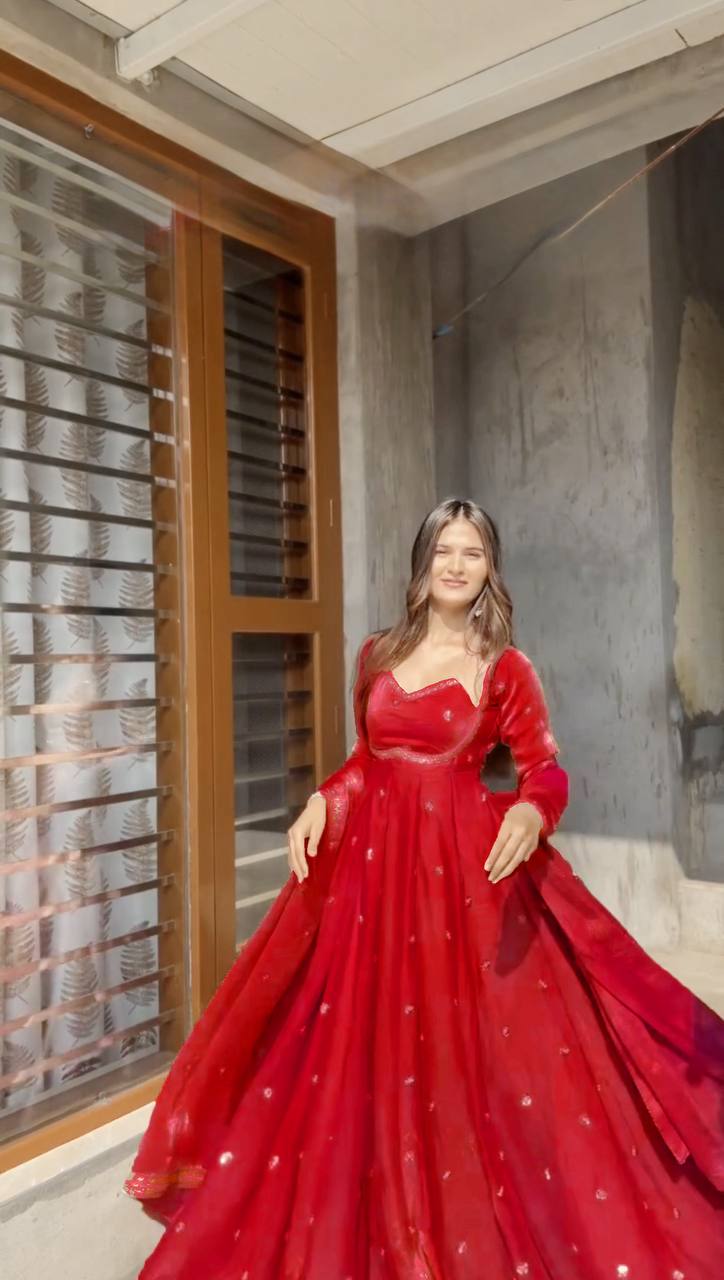 Evanik Red Fendi Silk With thread Sequence Work Anarkali Suit - Distacart