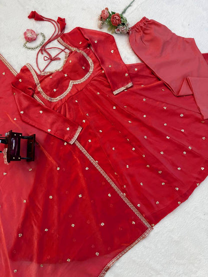 Evanik Red Fendi Silk With thread Sequence Work Anarkali Suit - Distacart