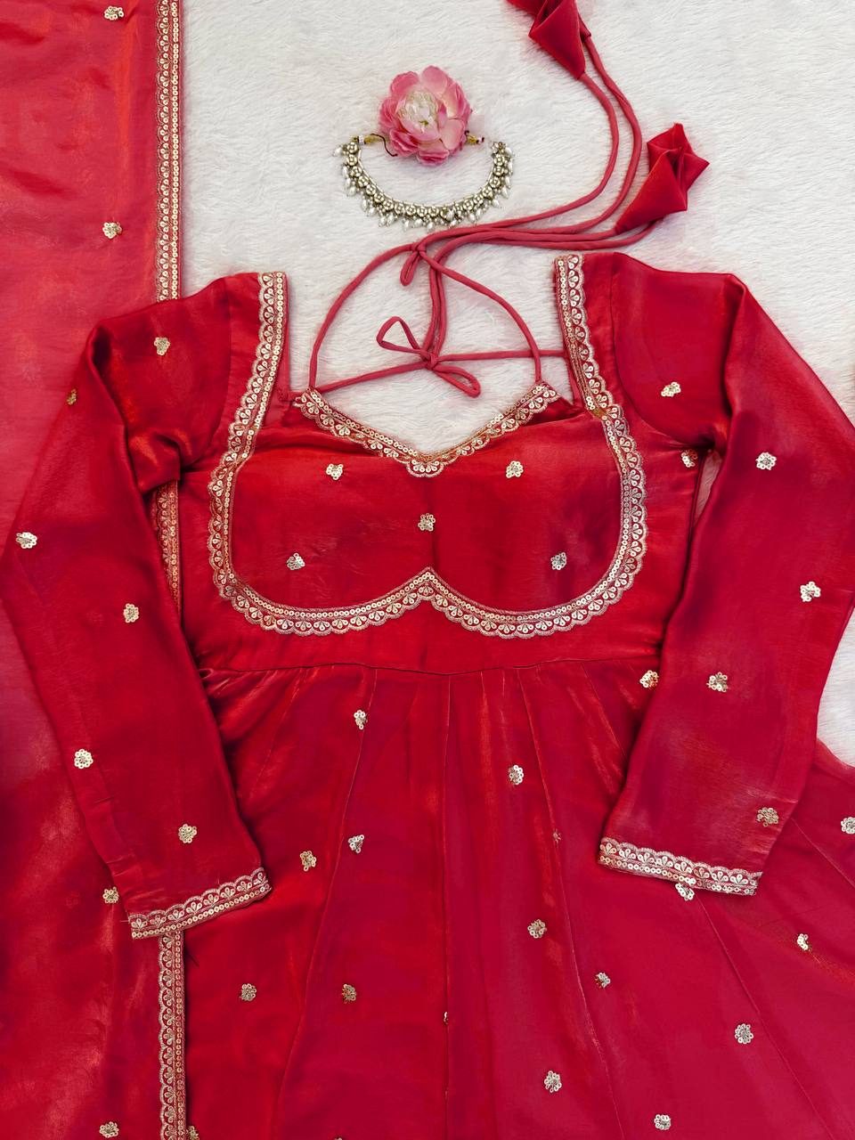 Evanik Red Fendi Silk With thread Sequence Work Anarkali Suit - Distacart