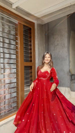 Thumbnail for Evanik Red Fendi Silk With thread Sequence Work Anarkali Suit