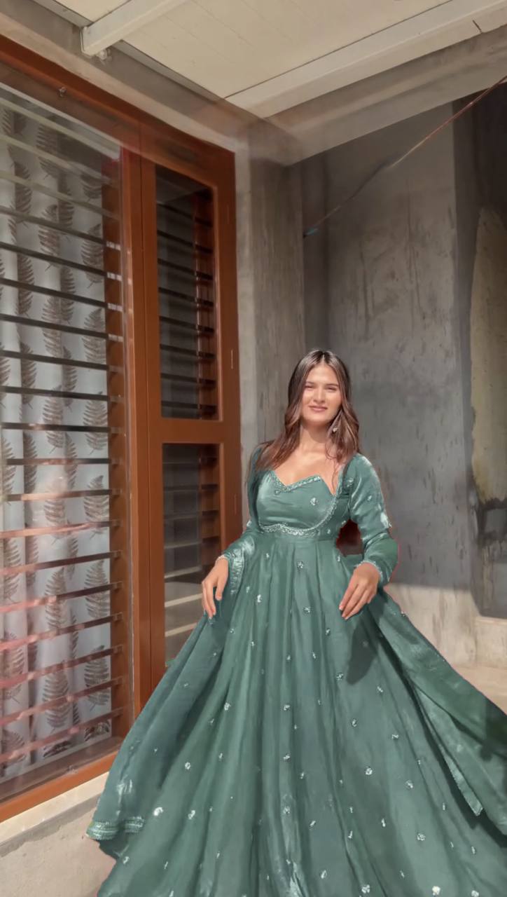 Evanik Seagreen Fendi Silk With thread Sequence Work Anarkali Suit - Distacart
