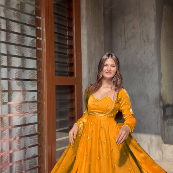 Evanik Yellow Fendi Silk With thread Sequence Work Anarkali Suit