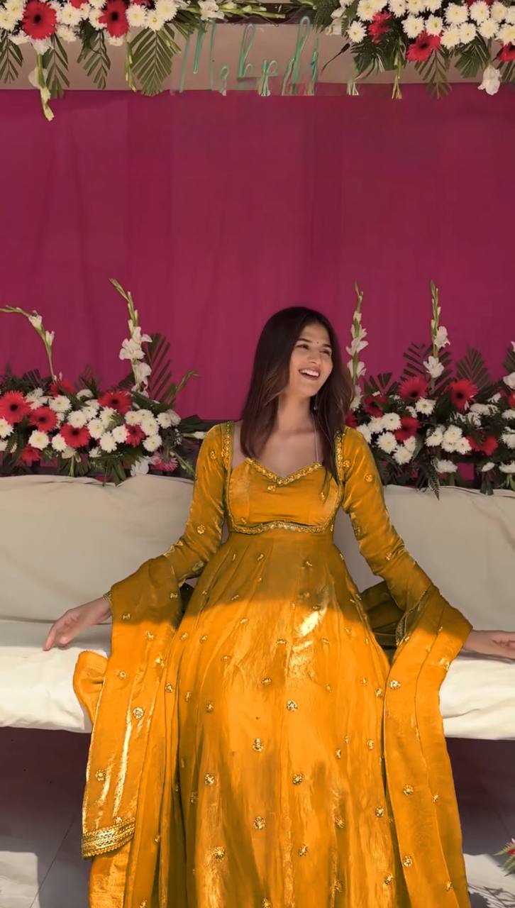Evanik Yellow Fendi Silk With thread Sequence Work Anarkali Suit - Distacart