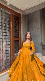 Thumbnail for Evanik Yellow Fendi Silk With thread Sequence Work Anarkali Suit