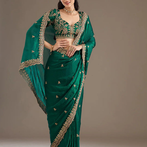 Evanik Green Fendy Satin Silk With Sequence Work Saree With Unstitched Blouse