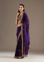 Thumbnail for Evanik Purple Fendy Satin Silk With Sequence Work Saree With Unstitched Blouse - Distacart